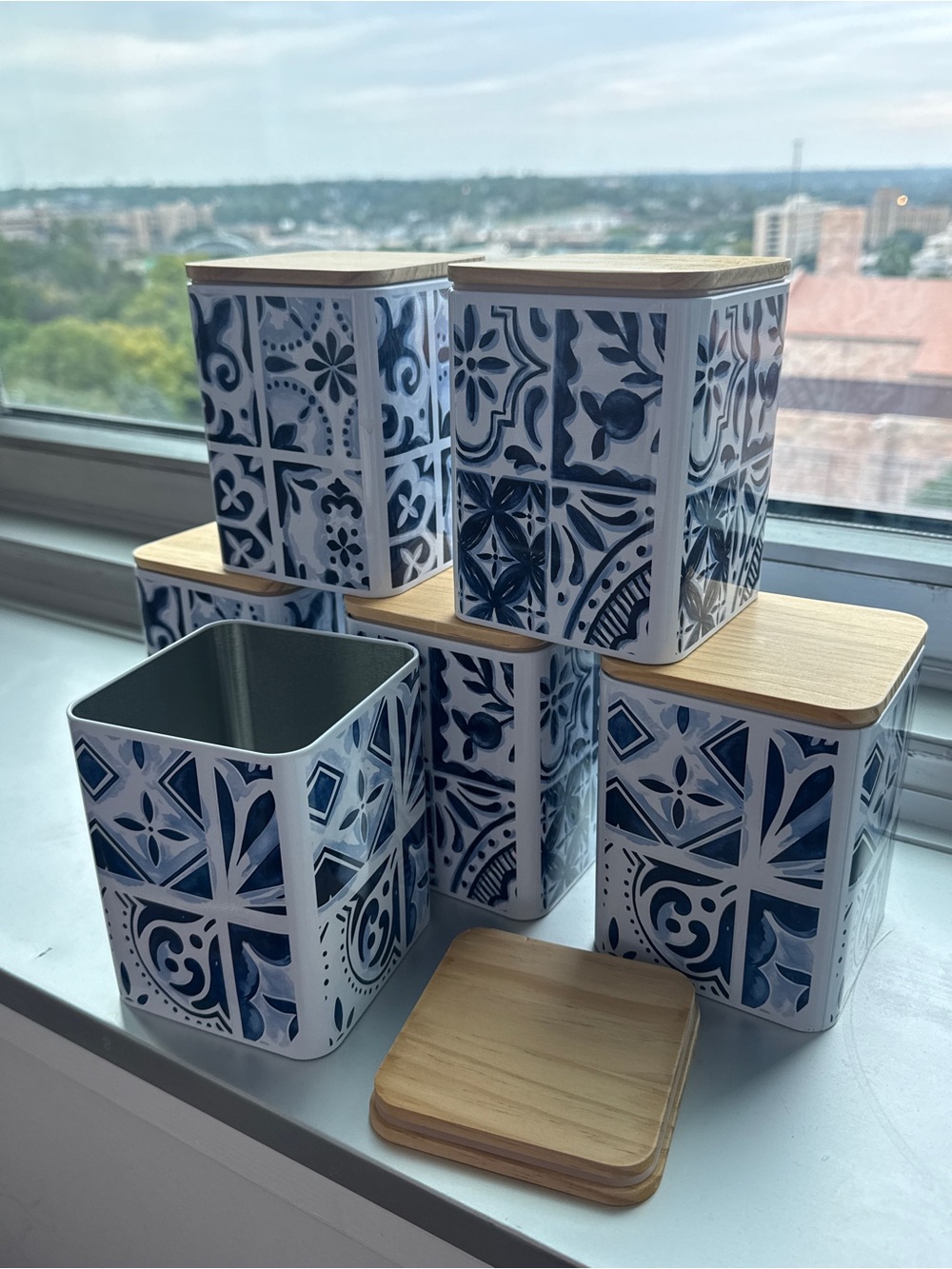 Blue Decorative Ceramic-Style Storage Canisters with Bamboo Lids